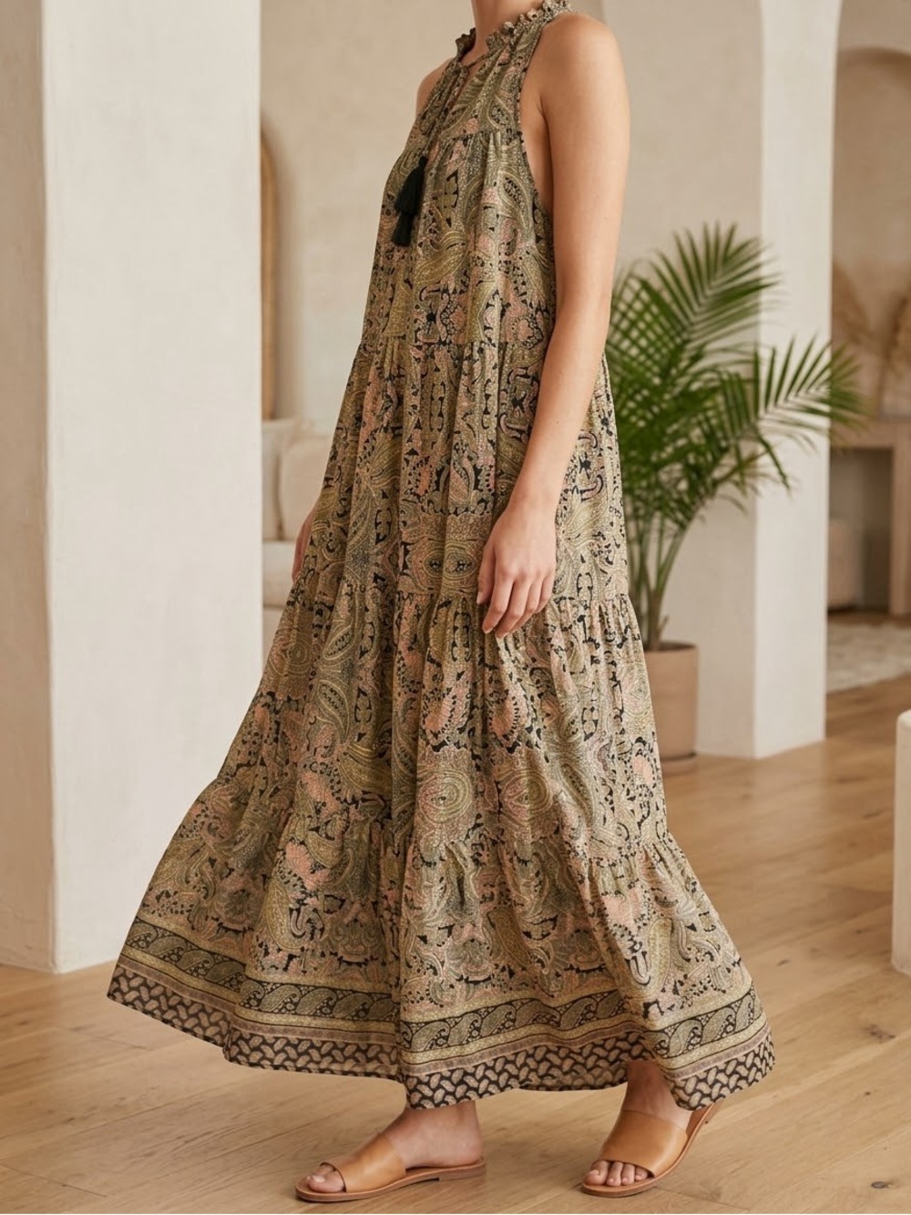 Sleeveless Paisley Maxi Dress in Olive and Peach